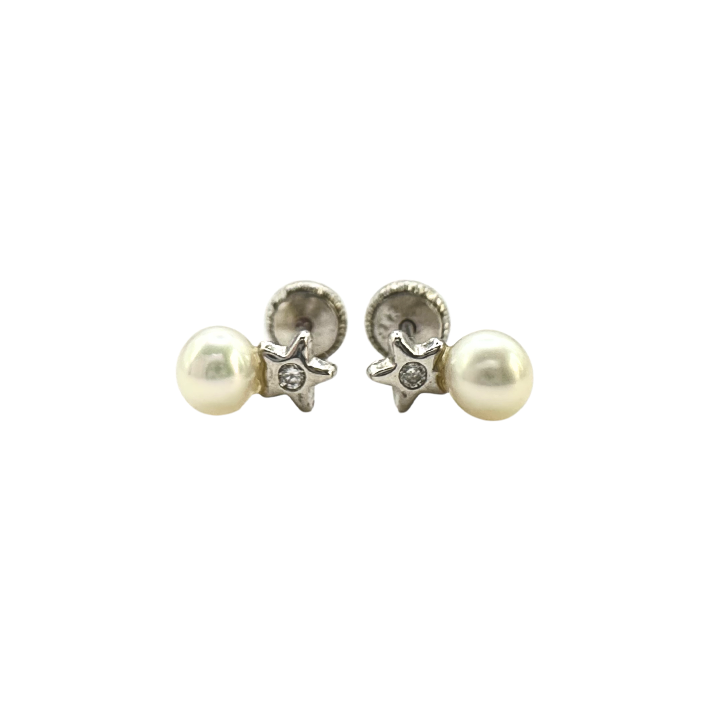 Aretes Estrella Brillante-Perla Oro Blanco 0.02ct