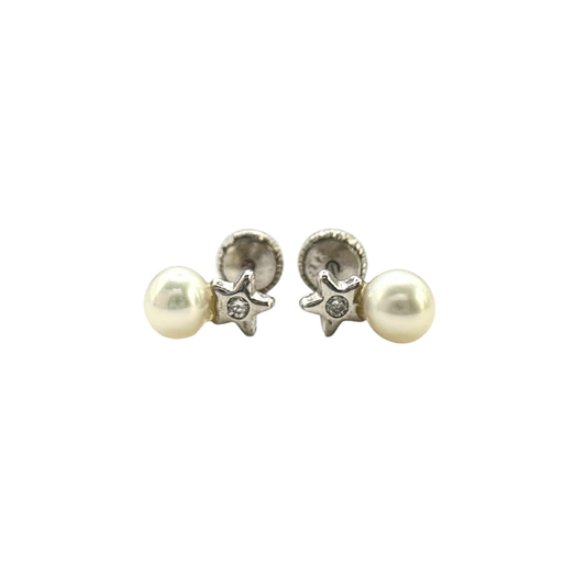 Aretes Estrella Brillante-Perla Oro Blanco 0.02ct
