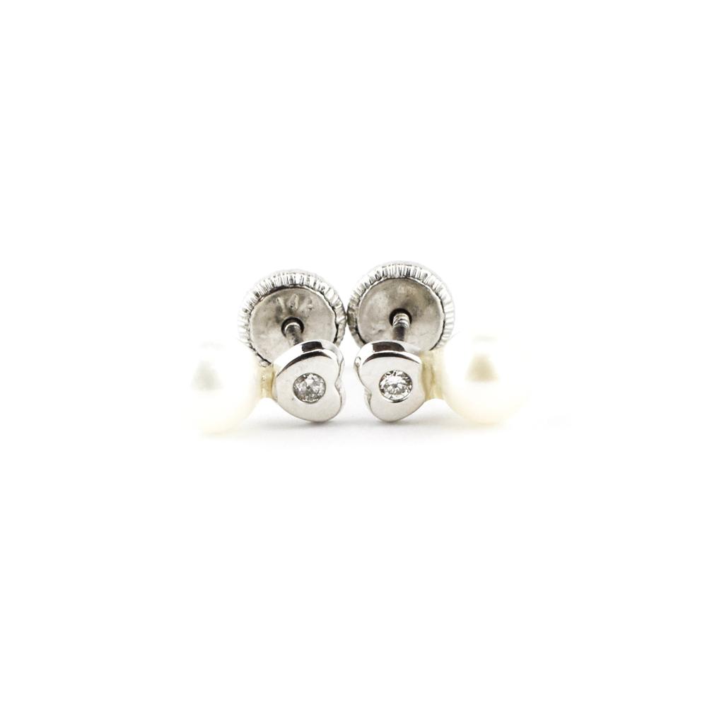 Aretes Corazón Brillante-Perla Oro Blanco 0.02ct