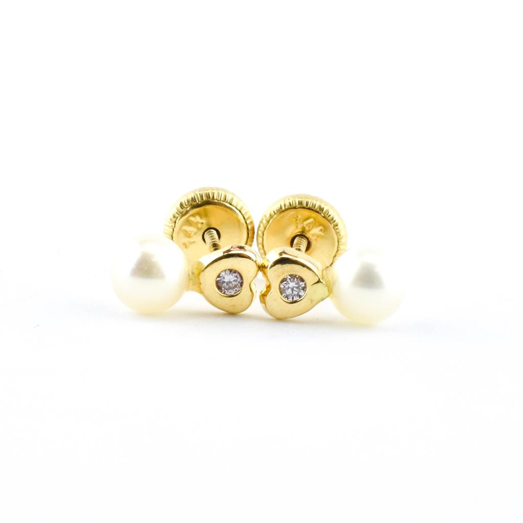 Aretes Corazón Brillante-Perla Oro Amarillo 0.02ct
